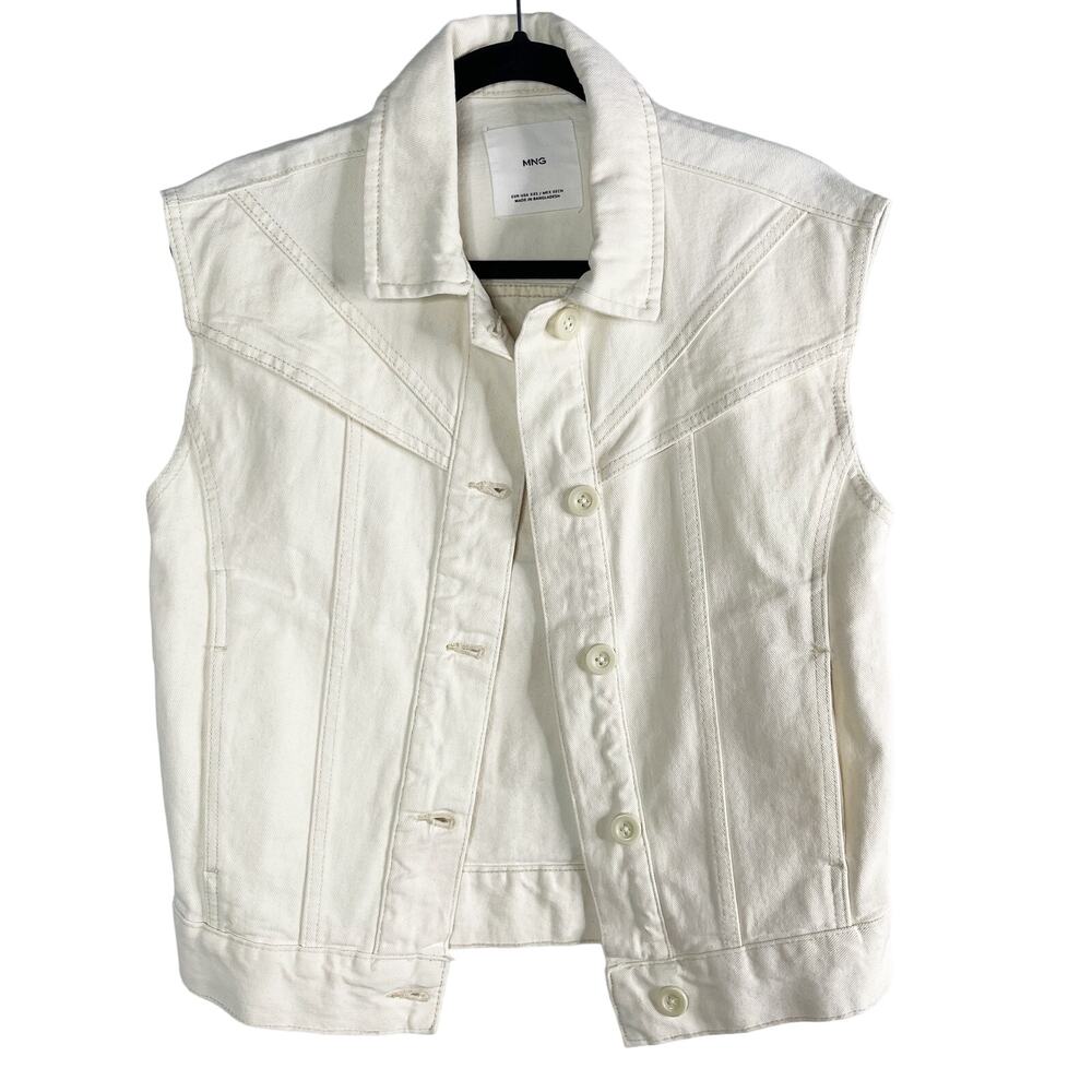 Mango Womens XXS Off White Oversized Sleeveless Denim Vest Seams Button Front